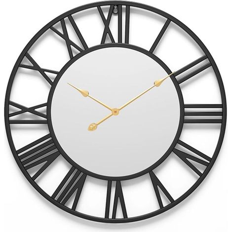 Horloge murale ronde avec miroir, idéale pour le salon, la chambre et le bureau, cadre noir et aiguilles dorées, 40 cm, 1 pièce. (1/5)
