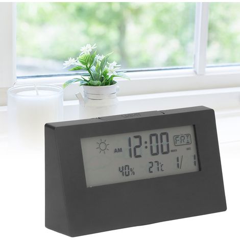 Reloj despertador digital: Reloj despertador electrónico con pantalla LCD, función de repetición de alarma, visualización de fecha, visualización de temperatura y humedad, luz suave, tamaño de viaje,  (1/5)