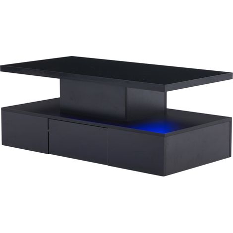 Table basse rectangulaire noire en panneaux MDF avec LED dimmable 16 couleurs et tiroir coulissant, 100x50x39 cm (1/5)