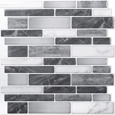 Lot de 10 pièces,Carrelage Autocollant Mural,Crédence Adhésive Noir et Gris avec Motif Marbre pour Cuisine Salle de bains,Effet mosaique,30x30cm (1/5)