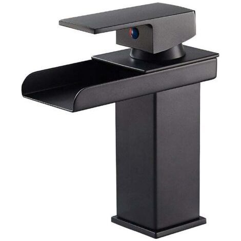 Robinet Salle Bain Cascade Noir Mat, Mitigeur Lavabo Robinet Lavabo en Laiton avec Eau Froide & Chaude Disponible, Valve en Céramique, Robinet Salle de Bain Design Cascade Concave, G 3/8 (1/5)