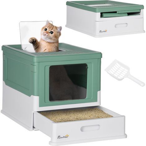 Bac à litière fermé pour chat avec pelle, plateau amovible et 2 portes, 47.5 x 35.5 x 36.7 cm, vert (1/5)