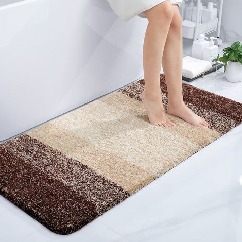 Tapis de Bain Doux - 60 x 120 cm - Antidérapant - Lavable - Tapis de Bain Moelleux à Poils Longs en Microfibre Absorbant - Marron (1/5)