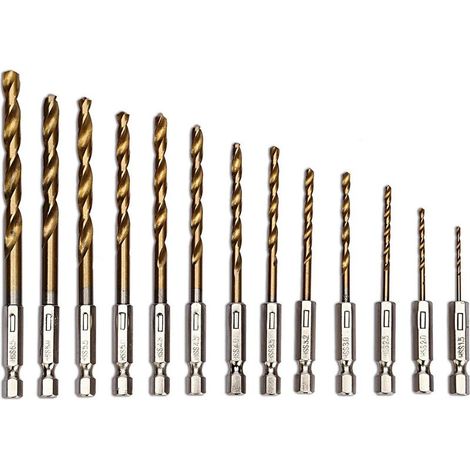 13 HSS twist drill bits (1.5-6.5 mm) with hexagonal shank and titanium nitride coating (1/5)