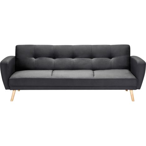 Divano Letto in Tessuto Imbottito Nero a 3 Posti con Gambe in Legno Florli