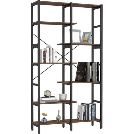 Estantería grande de pared de madera negra y metal con 6 baldas, estilo industrial vintage, 100x30x182cm (1/5)