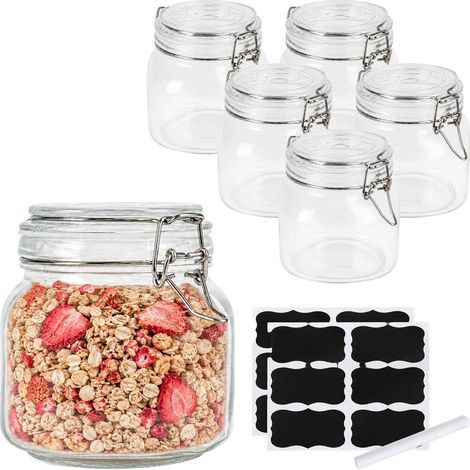 Relaxdays Barattoli di Vetro con Coperchio a Clip, Set da 6, 750 ml, per Conserve, Contenitori per Alimenti