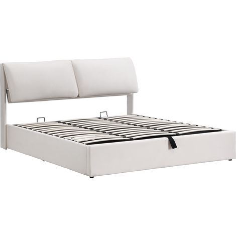 Cama con canapé hidráulico 160 x 200 cm de terciopelo beige con 3 cajones y cabecero (1/5)