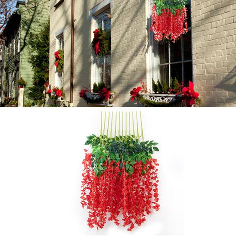 Glycine artificielle en pot, 6 feuilles, fleur en soie, décoration intérieure, rouge (1/5)