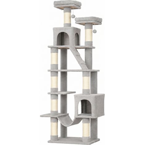 Árbol rascador 204 cm con cuevas, escalera y hamaca de madera gris claro (1/5)