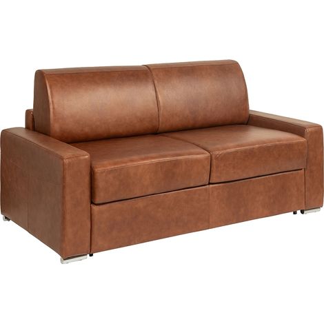 Canapé 3 places convertible express en cuir de buffle vintage caramel - Couchage 140 cm - Matelas 22 cm avec mémoire de forme CALITO (1/5)
