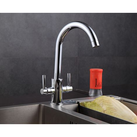 Chrome Traditional Kitchen Sink Mixer Tap Elegant White Ceramic Dual Lever Monobloc 360 Degree Swivel Spout Mixer Tap with Free Hoses (1/5)