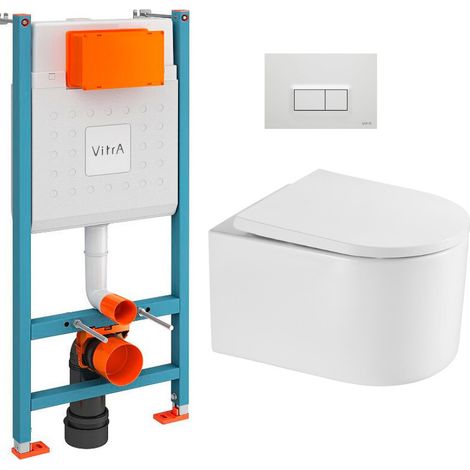 Vitra  Pack Conjunto  bastidorV-Fix + inodoro sin brida SAT + asiento SoftClose + Placa, Blanco Brillante (V-FixDelanoTQ-1)