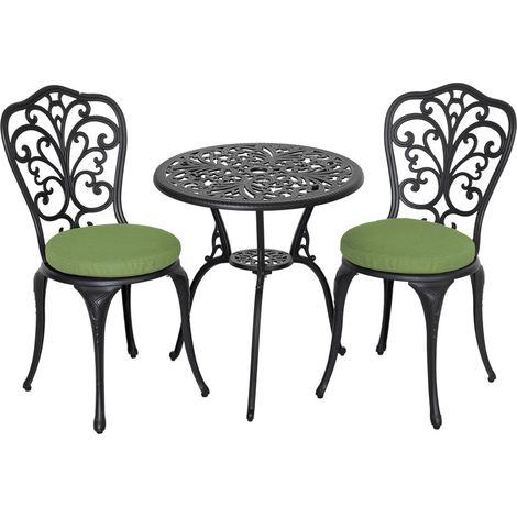 Avestar 3-teiliges Bistro Set mit 2 grünen Kissen, Gartenmöbel Set aus Aluminiumguss, Bistrotisch mit Schirmloch mit 2 Stühlen, Schwarz und Grünen