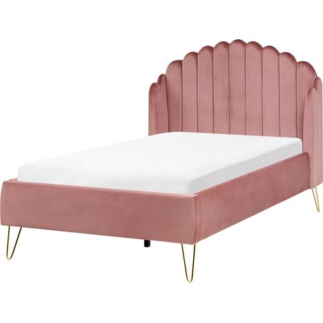Cama con cabecero en forma de concha de terciopelo 120 x 200 cm patas de metal rosa Ambillou