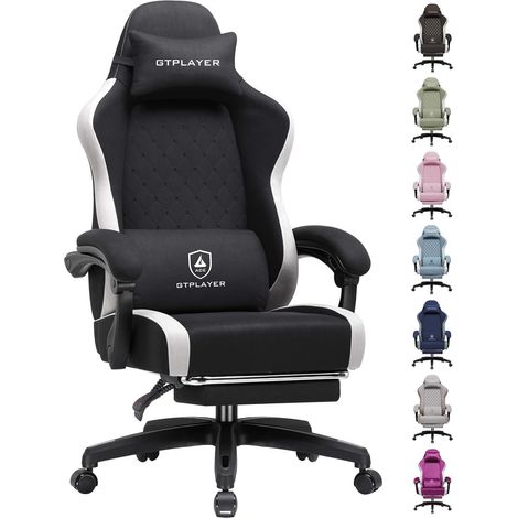 Chaise Gaming Ergonomique, Chaise de Bureau en Tissu Respirant, Grande et Haute, pivotante, avec Repose-Pieds, Soutien Lombaire réglable et appuie-tête, Noir