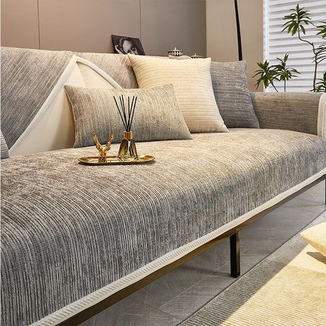 Housse de canapé antidérapante en chenille grise, 110 x 240 cm, pour canapé d'angle 3, 2, 1 ou 4 places. (1/5)