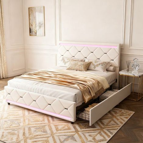 Lit 140x190 BILLIA velours beige avec 4 tiroirs, LED RGB, USB, tête de lit, sommier inclus