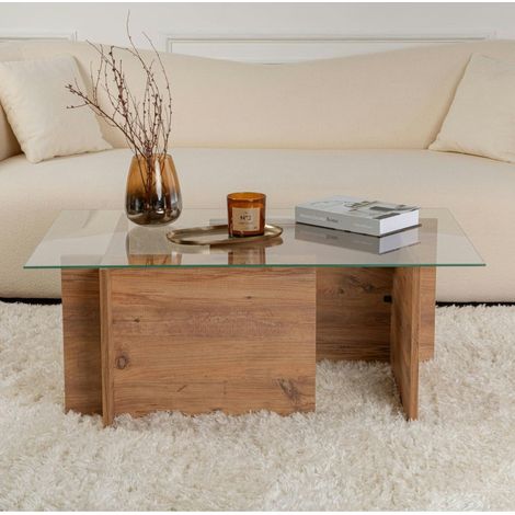 Table basse verre déstructurée – effet bois, H. 40 cm SALTA (1/5)
