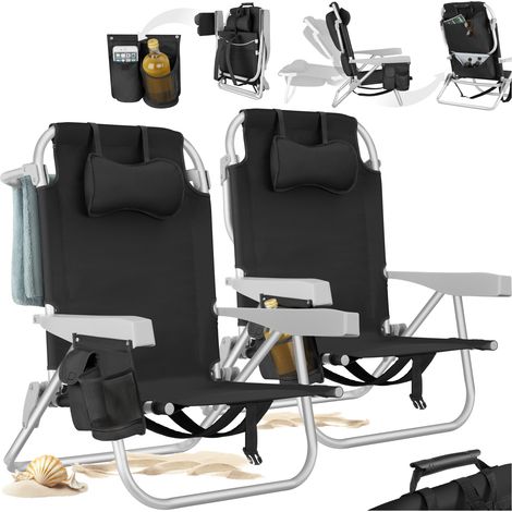 Lot de 2 chaises plage pliables avec fonction sac à dos noir (1/5)