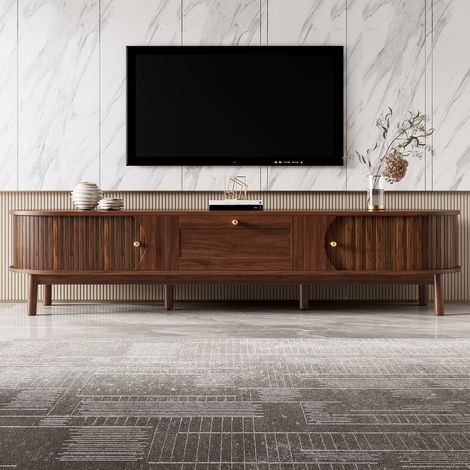 Meuble TV effet noyer 170 x 39,5 x 38 cm, 1 grand tiroir, 2 portes coulissantes, pieds en bois massif et poignées dorées (1/5)