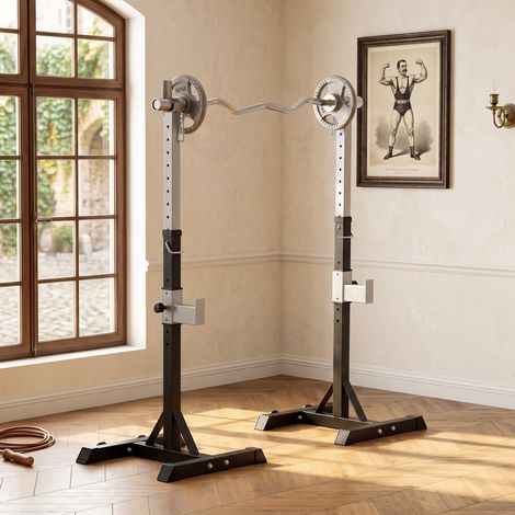 Set de 2 supports de barre haltère en acier, 2 crochets avec hauteur réglable, capacité 150kg, 55x57x105-170cm, noir (1/5)