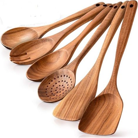 Ensemble de 6 cuillères de cuisine en bois - résistantes à la chaleur - en bois de teck lisse - agréables à prendre en main - légères et durables - faciles à nettoyer - idéales pour les ustensiles de (1/5)