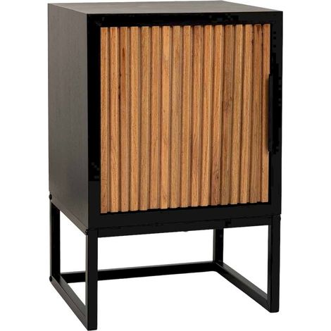 Table de chevet industrielle bois métal marron porte rainurée - bois naturel et métal noir (1/5)