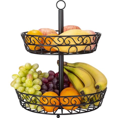 Corbeille à fruits, corbeille à fruits à deux niveaux, coupe à fruits/légumes en métal - Noir (1/5)