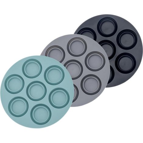 Moules à Muffins en Silicone Antiadhésifs 3 Pièces, Pliables et Compatibles Friteuse à Air, 7 Cavités, Matériaux Sûrs Noir Gris Bleu, pour Cuisson Cupcakes et Mini-gâteaux,Parent,- (1/5)