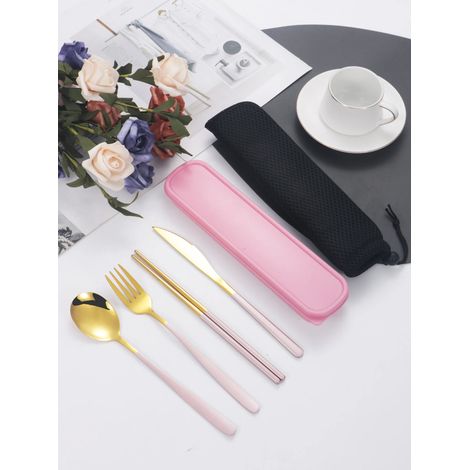 (Or rose) Vaisselle : couteau, fourchette, cuillère, baguettes, avec boîte (1/5)