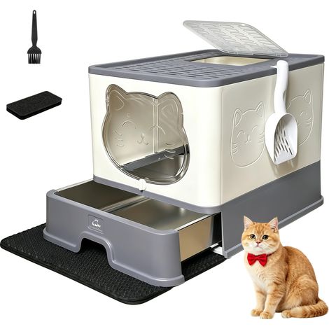 Bac à litière fermé XL avec tiroir et couvercle en acier inoxydable – Très grand, étanche et anti-odeurs pour chats d'intérieur – Comprend une pelle à litière et un tapis (1/5)