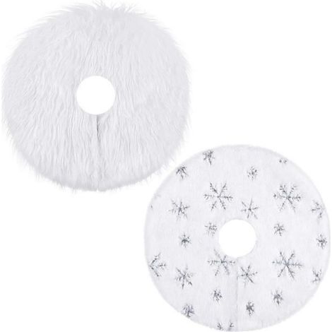 Jupe d'arbre de Noël - - Lot de 2 - Fausse fourrure blanche - 38,1 cm - Tapis flocon de neige argenté (1/4)