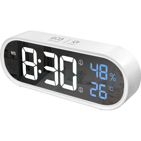 Réveil numérique avec miroir, horloge LED, grand écran heure/température/humidité, 40 sonneries, recharge USB, réveil blanc (1/5)