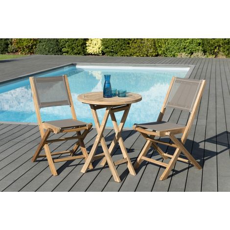 HARRIS - SALON DE JARDIN EN BOIS TECK 2 pers - 1 Table ronde pliante 60 cm et 2 chaises textilène couleur taupe (1/5)