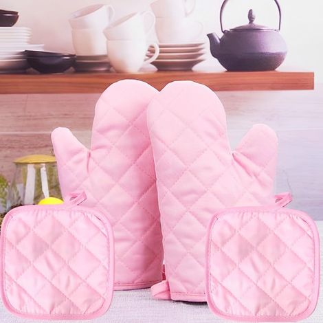Lot de 4 gants de cuisine et maniques résistants à la chaleur (2 gants + 2 coussins) en polyester matelassé double couche, accessoires de cuisine pour pâtisserie et cuisine Rose (1/5)