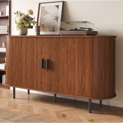 Credenza 140x40x75 cm, con 2 ante scorrevoli, 4 vani interni, fianchi aperti, MDF e pannello truciolare, noce (1/5)