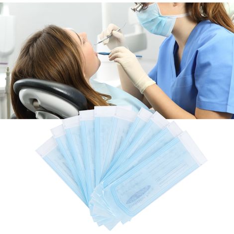 200 selbstklebende Beutel für zahnärztliches Zubehör, PVC-Beutel, transparente Folie, blau, zur Sterilisation (90 x 260 mm) (1/5)