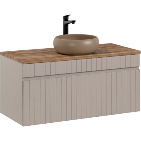 ICON Set: Waschtischunterschrank 100cm Kaschmir + Arbeitsplatte in Holzoptik + Aufsatzwaschbecken rund
