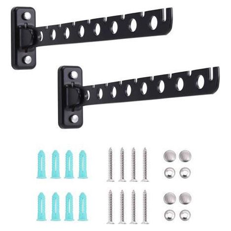 GROOFOO Lot de 2 Étendoirs Muraux Rabattables en Acier Inoxydable - Accroche Murale pour Vêtements, Linge - Idéal Chambre, Salon, Balcon (Noir 8 Trous)