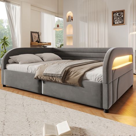 Lit plateforme capitonné 140 x 200 cm avec rangement hydraulique et éclairage LED, gris (1/5)