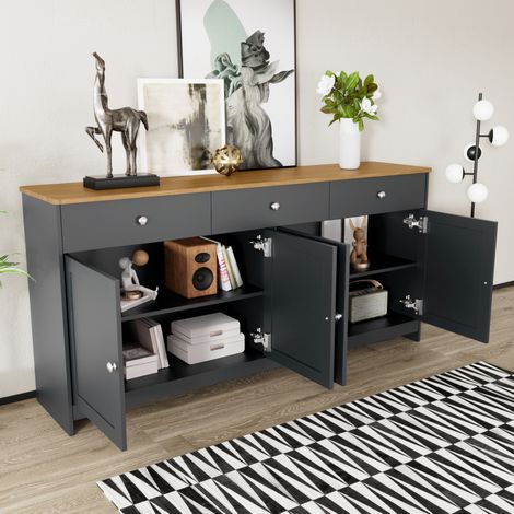 Aparador 160x37x75 cm de MDF gris-negro, con almacenamiento para comedor FLORAGRACE (1/5)
