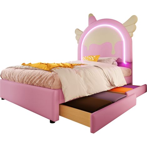 Lit enfant 90x200 cm avec 2 tiroirs, tête de lit licorne, éclairage LED multicolore, cuir régénéré rose, sans matelas, pour chambre féerique CHICFURN (1/5)