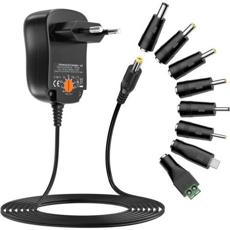 Adaptateur Secteur Universel AC à DC 3V 4.5V 5V 6V 7.5V 9V 12V 1A Transformateur d'alimentation à Découpage avec 8 Connecteurs DC pour électroniques Ménagers, 1000mA Max 12W (1/5)