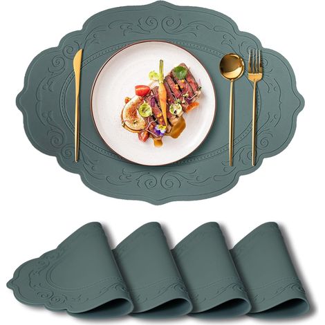 Lot de 4 Sets de Table en Silicone et Set de Table Lavable, Antidérapant Lavable Chaleur Résiste(30 x 43CM), pour Table à Manger, Restaurant Vert