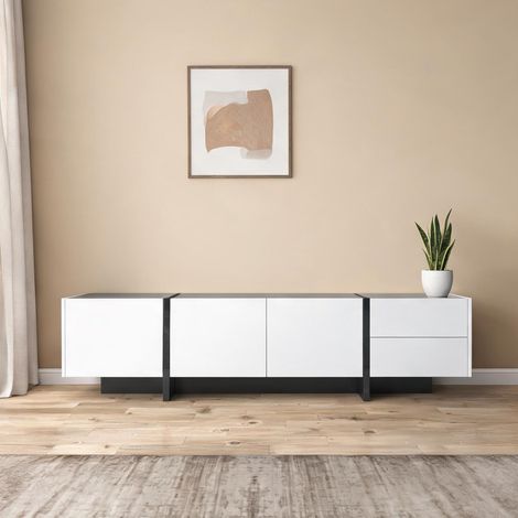 Meuble TV blanc laqué et noir 190 cm avec portes et tiroirs (1/5)