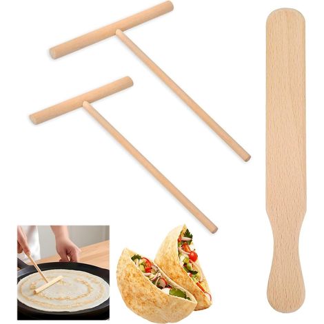 3 Pièces Spatule Crepe en Bois de Hêtre, Ensemble Retourneur de Crêpes Crêpes en Bois Spatule en Crepiere Râteau, Forme en T Spatules A Crepe Rake Crep pour Pancakes, Omelettes, Pizzas, Gâteaux (1/5)