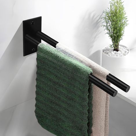 Porte-serviettes mural double bras (noir) pour salle de bain, sans perçage, 39 cm, autocollant.-AquaForge (1/5)
