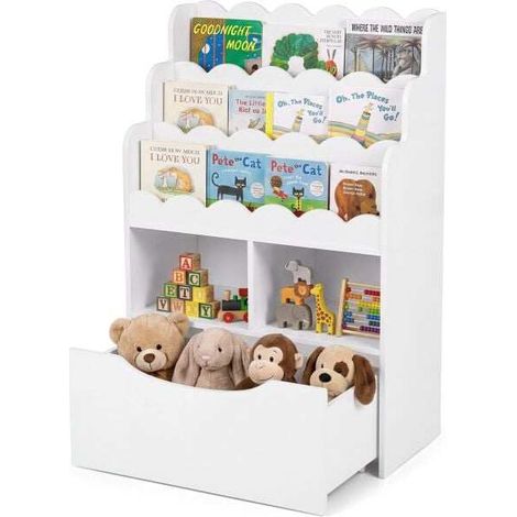 Bibliothèque enfant blanche en bois avec 3 étagères frontales, 2 casiers ouverts et tiroir à roulettes pour chambre et salle de jeux (1/5)