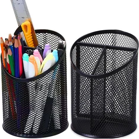 Zwei runde schwarze Stiftehalter, je 10,5 x 10,5 x 14,5 cm, geeignet für den Einsatz im Büro, zu Hause und in der Schule. (1/5)